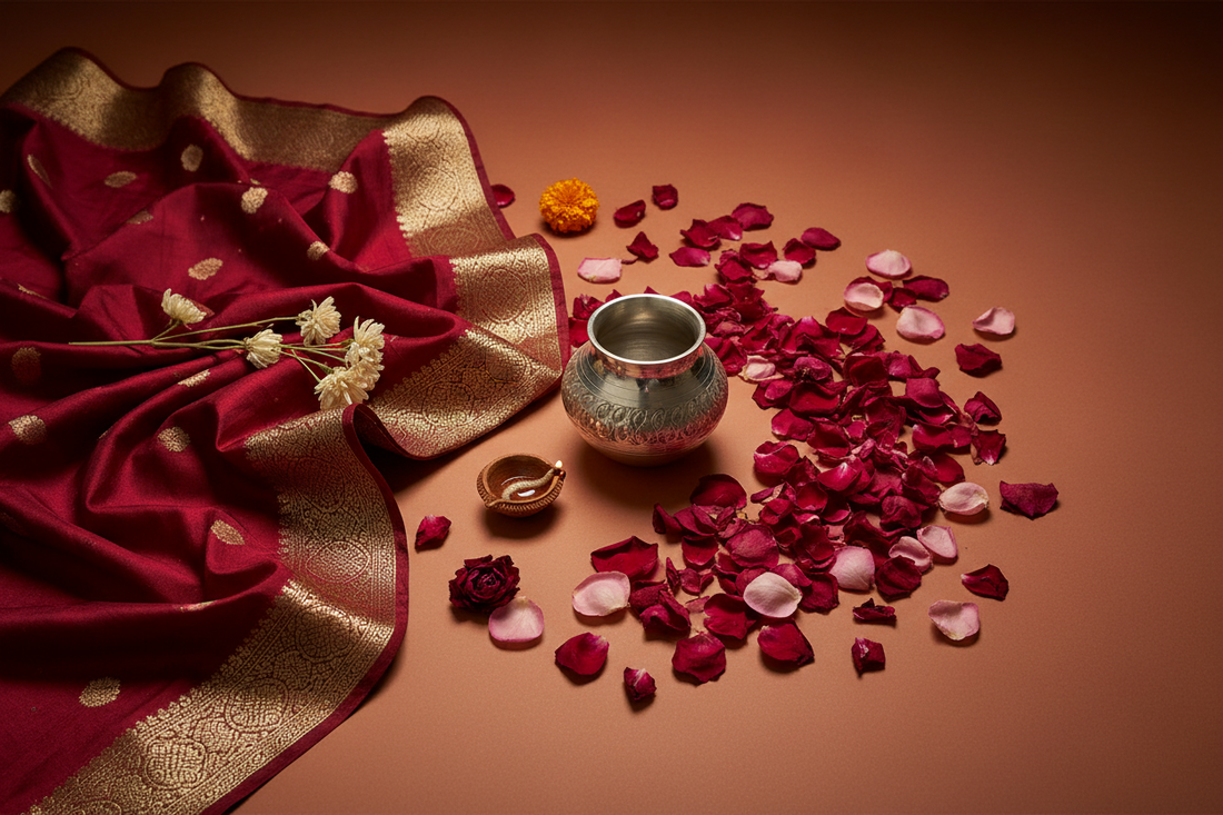 Karwa Chauth 2026 — red Banarasi silk dupatta with diya and karwa pot, ethnic gifting by Taniva