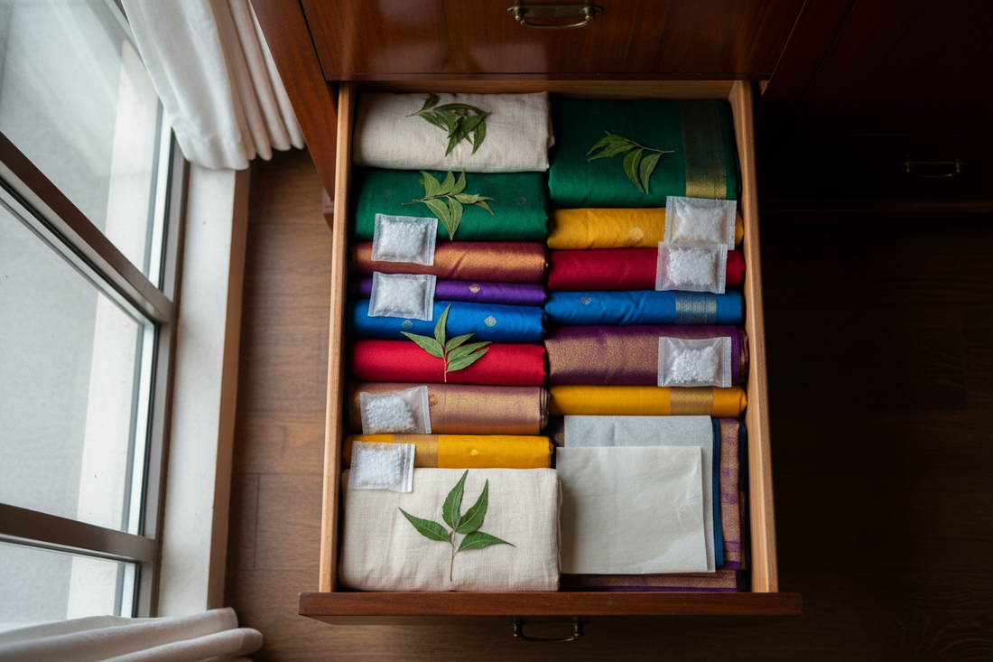 How to store silk sarees and dupattas during monsoon — fabric care guide by Taniva
