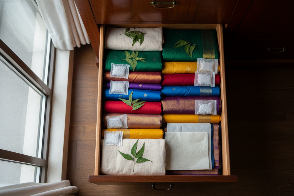 How to store silk sarees and dupattas during monsoon — fabric care guide by Taniva
