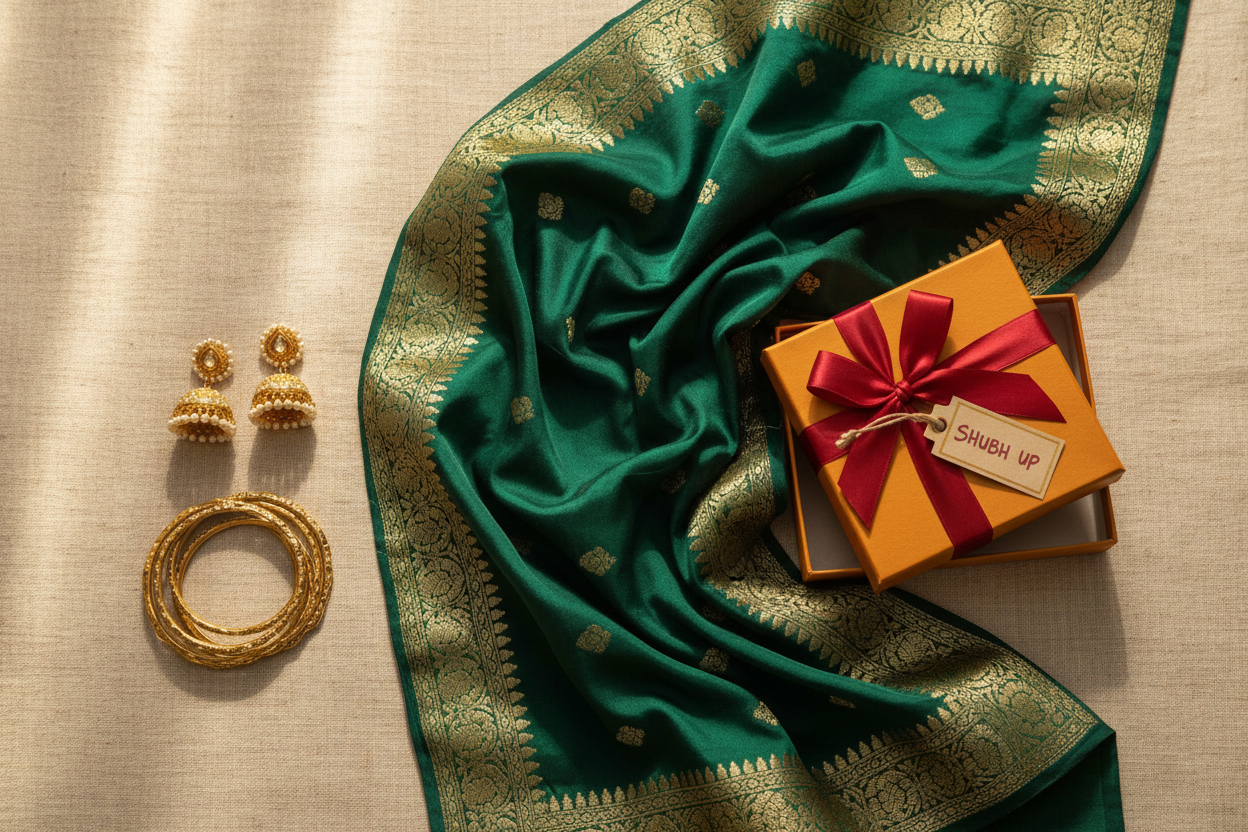 Ethnic gifts under ₹1,499 — Banarasi silk dupatta, gold jhumkas, bangles and gift box by Taniva