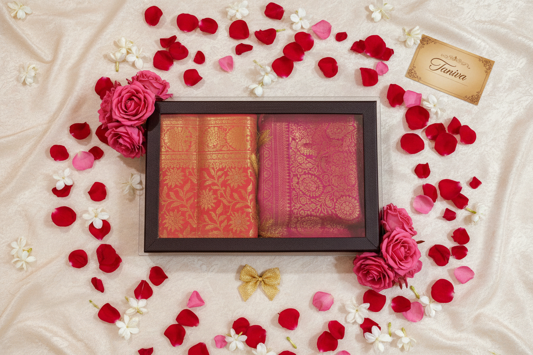 Elegant ethnic silk stole gift boxes decorated beautifully with red flower petals.