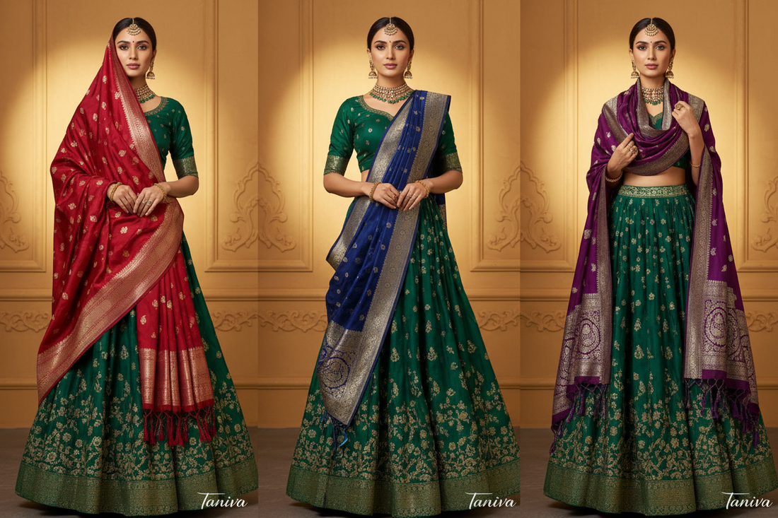 Women models showcasing different elegant ways to drape festive silk dupattas.