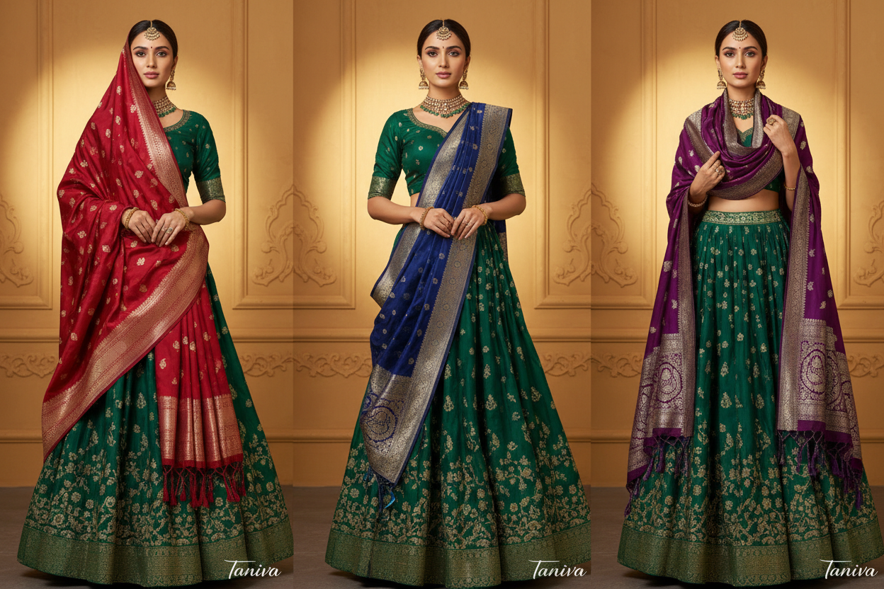 Women models showcasing different elegant ways to drape festive silk dupattas.