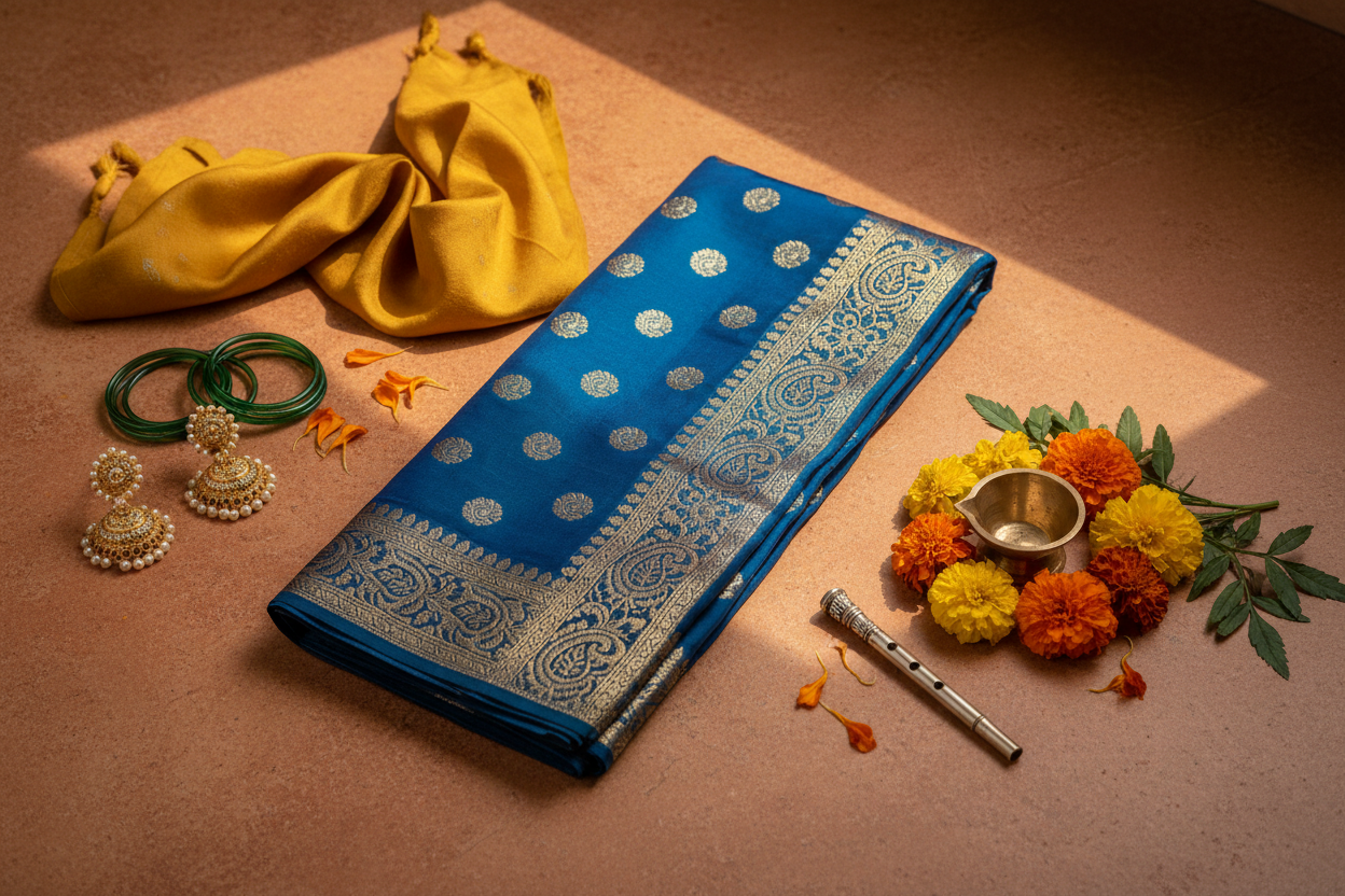 Janmashtami 2026 traditional outfit ideas — peacock blue dupatta, yellow stole and gold jewellery by Taniva
