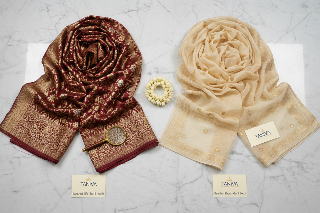 A rich brown Banarasi silk dupatta beside a light cream Chanderi dupatta.