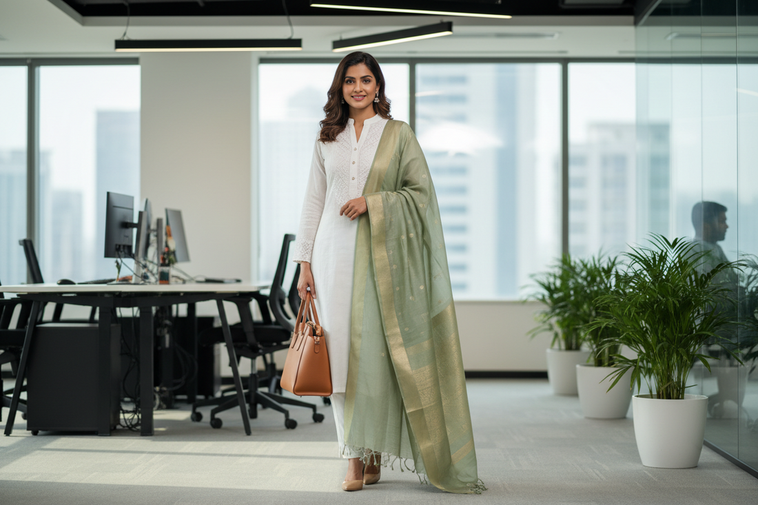 Ethnic workwear for women — styling a Chanderi dupatta for the office by Taniva