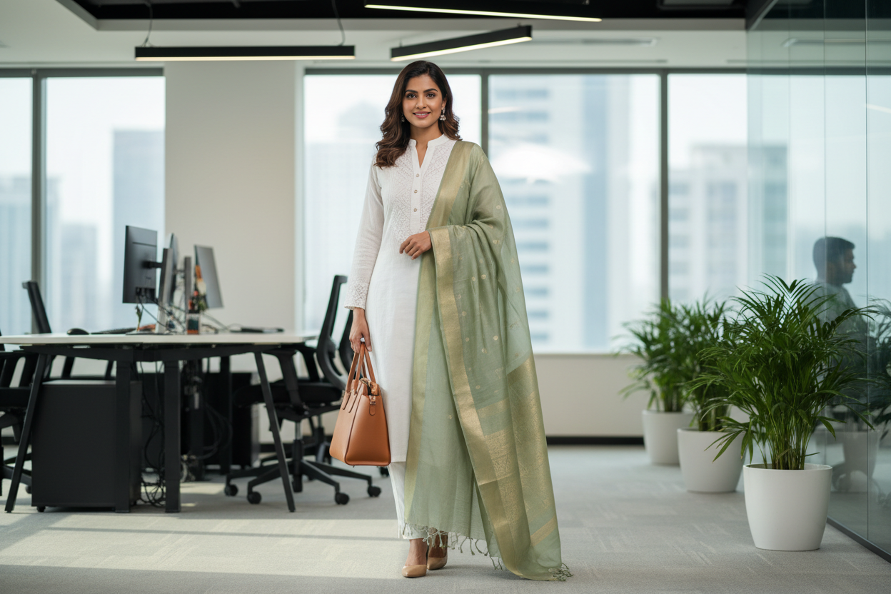 Ethnic workwear for women — styling a Chanderi dupatta for the office by Taniva