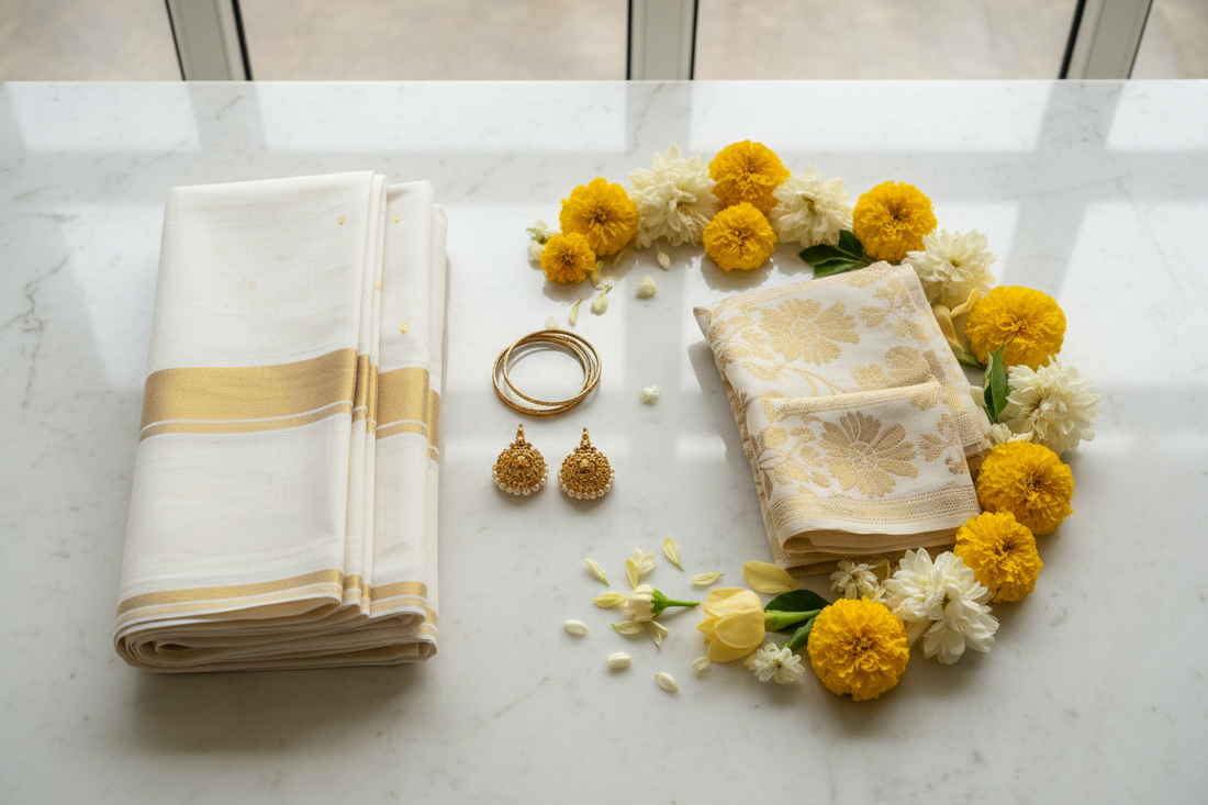 Onam 2026 traditional outfit guide — white cotton saree, gold dupatta and jewellery for Kerala's harvest festival by Taniva