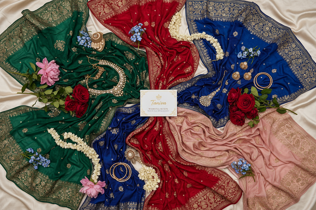 Assorted vibrant wedding dupattas featuring intricate embroidery and golden zari work.