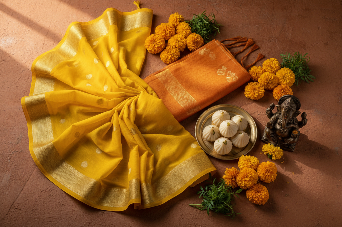 Ganesh Chaturthi 2026 traditional outfit ideas — yellow saree, saffron stole and marigolds by Taniva