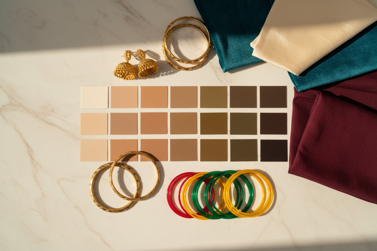 How to choose jewellery for your skin tone — gold jhumkas, antique bangles and glass bangles guide by Taniva