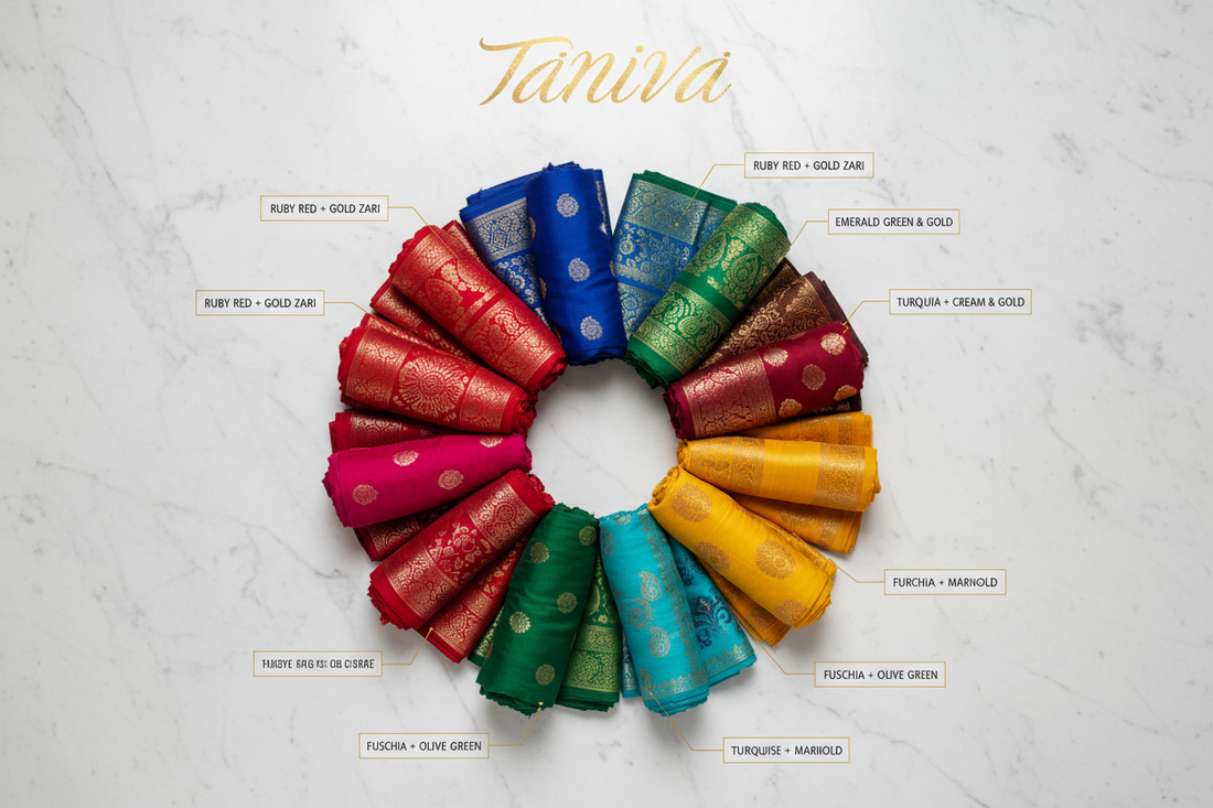 Colorful silk dupattas arranged beautifully in a circle over a white background.
