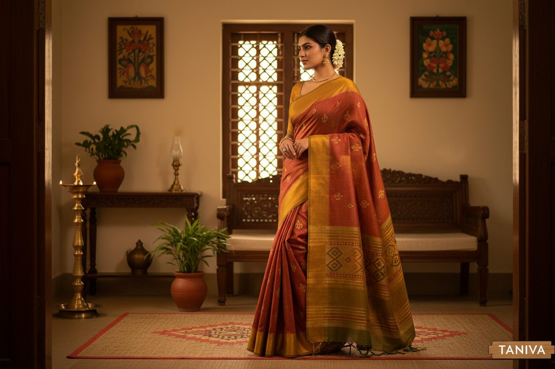 Woman standing indoors wearing a traditional red and gold Bengal cotton saree.