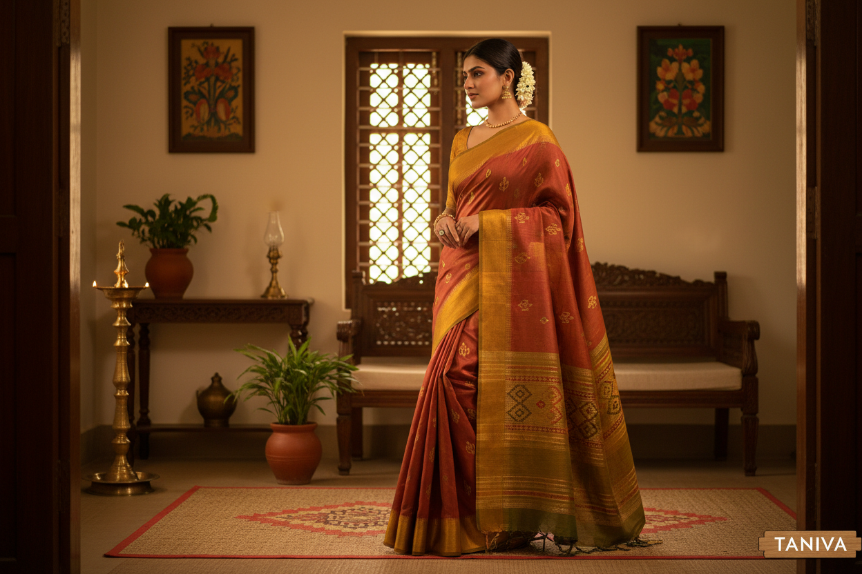 Woman standing indoors wearing a traditional red and gold Bengal cotton saree.