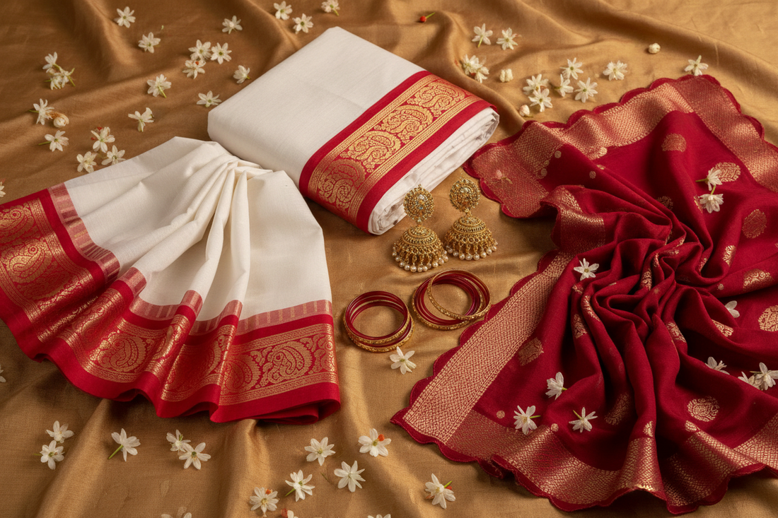 Durga Puja 2026 traditional Bengali looks — white saree with red border, gold jhumkas and red bangles by Taniva