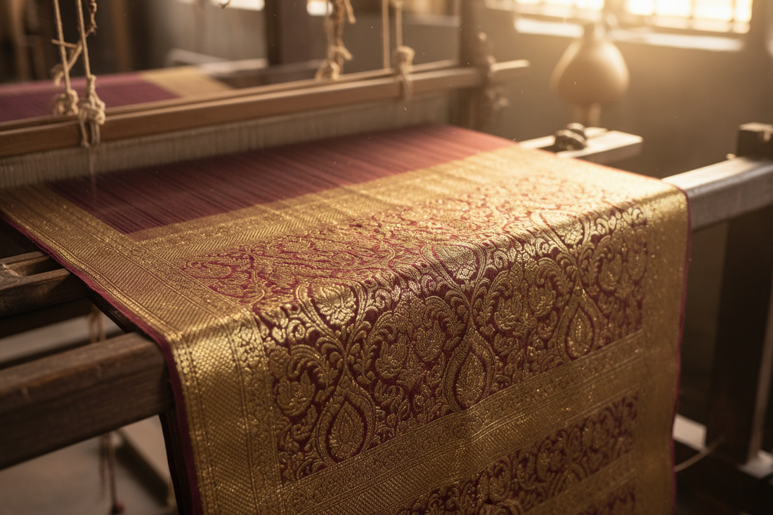 The story of Banarasi weaving — intricate zari brocade on a traditional handloom in Varanasi by Taniva