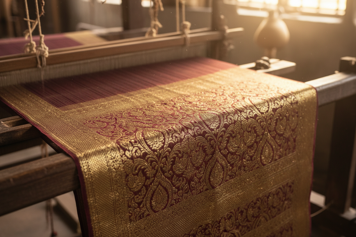 The story of Banarasi weaving — intricate zari brocade on a traditional handloom in Varanasi by Taniva