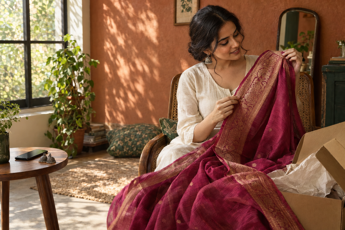 Woman examining a raspberry dupatta beside an open delivery box in a sunlit room after shopping for ethnic wear online.