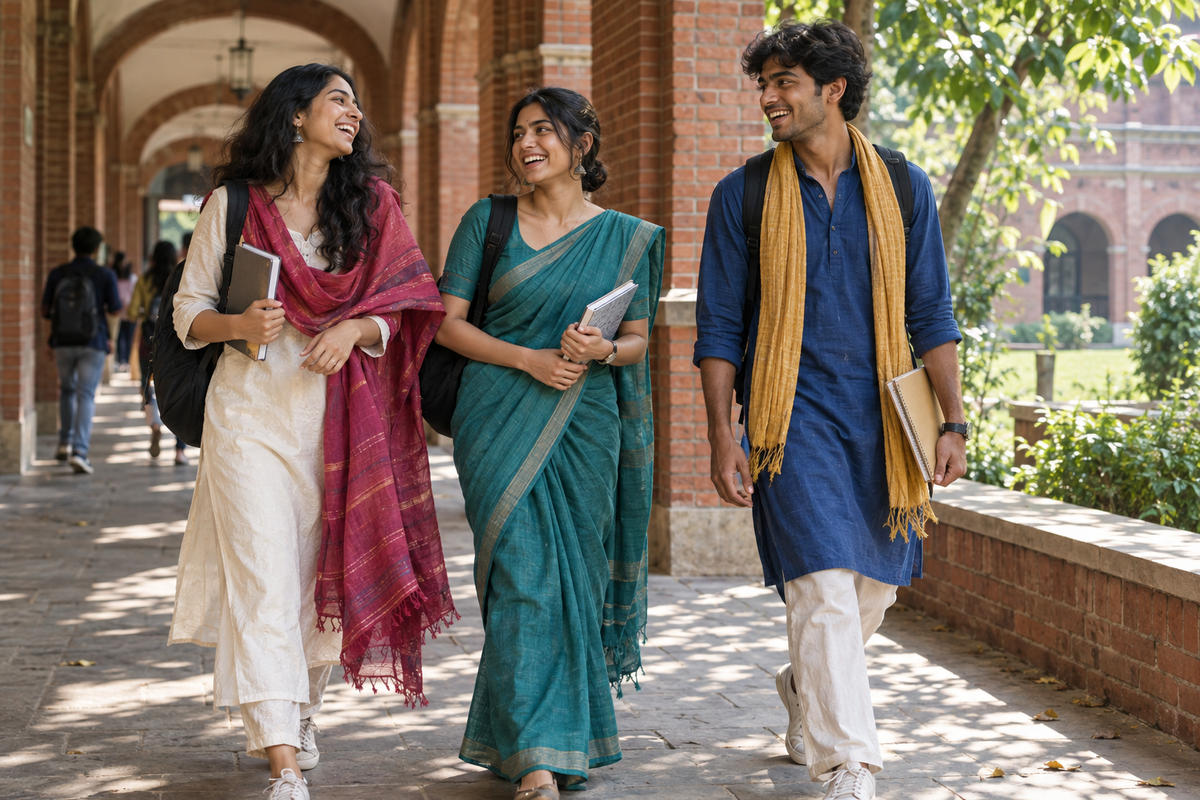 Three friends in colourful ethnic outfits walking through a sunlit brick college arcade.