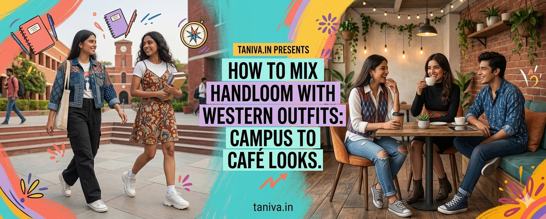 oung students wearing Ikkat jackets and Ajrakh prints mixed with western jeans and sneakers, transitioning from a university campus to a modern cafe setting.