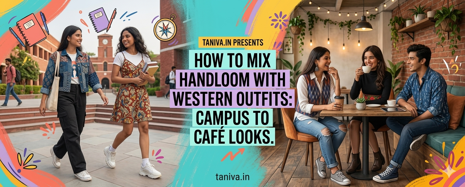 oung students wearing Ikkat jackets and Ajrakh prints mixed with western jeans and sneakers, transitioning from a university campus to a modern cafe setting.