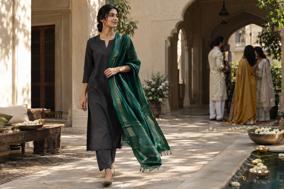 Woman wearing a charcoal kurta with an emerald dupatta in a sunlit festive courtyard.