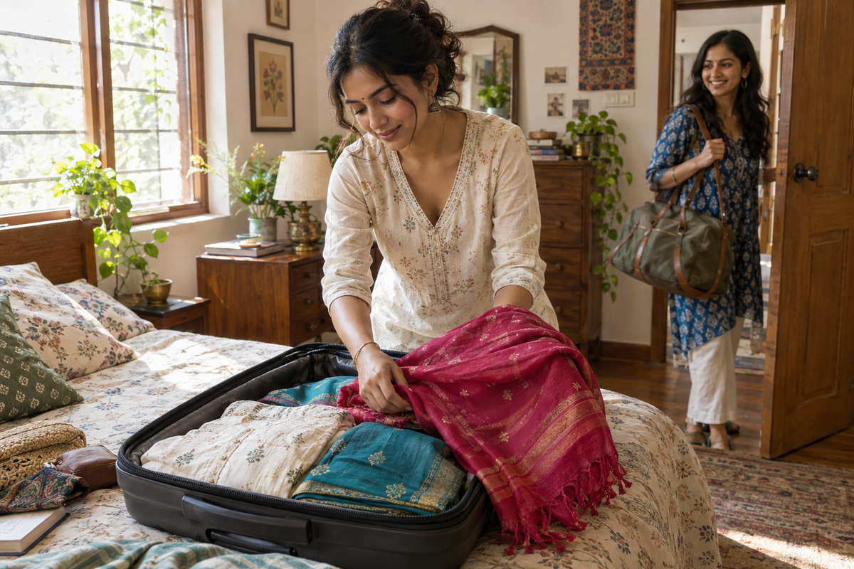 Woman packing a raspberry dupatta into a suitcase in a sunlit bedroom while a friend waits at the doorway.