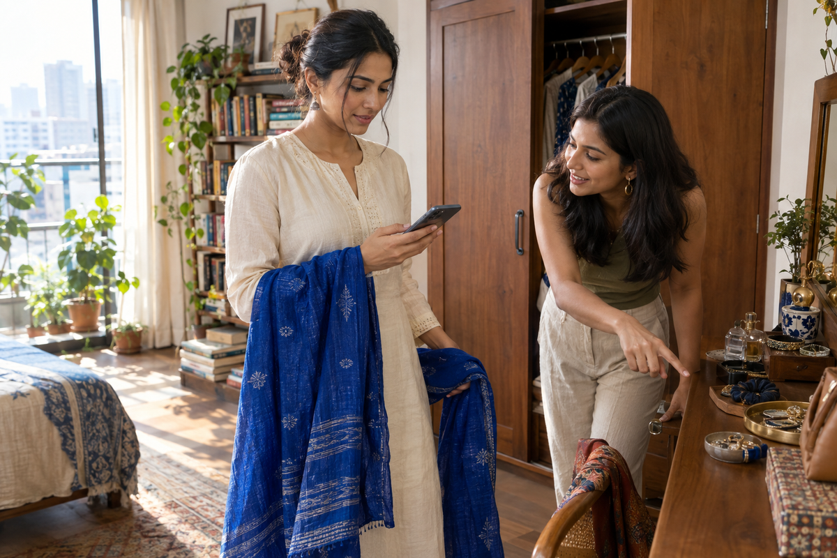 Woman checking outfit inspiration on her phone while holding a cobalt dupatta beside her wardrobe with a friend.