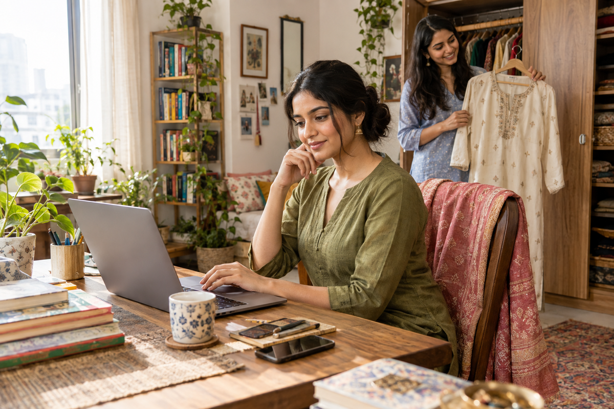 Woman using a laptop to plan ethnic outfits with a rose dupatta on her chair while a friend holds a cream kurta.