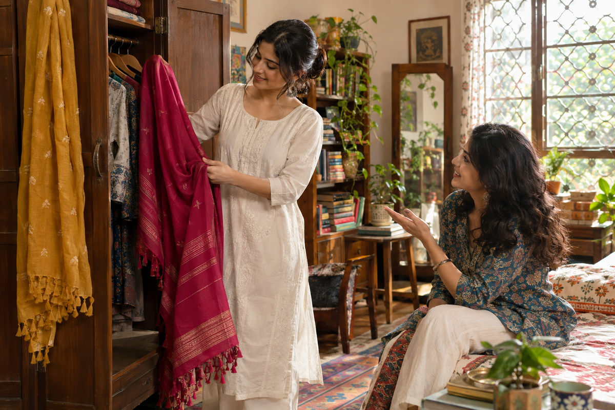 Woman in an ivory kurta choosing a raspberry dupatta from her wardrobe while a friend helps.