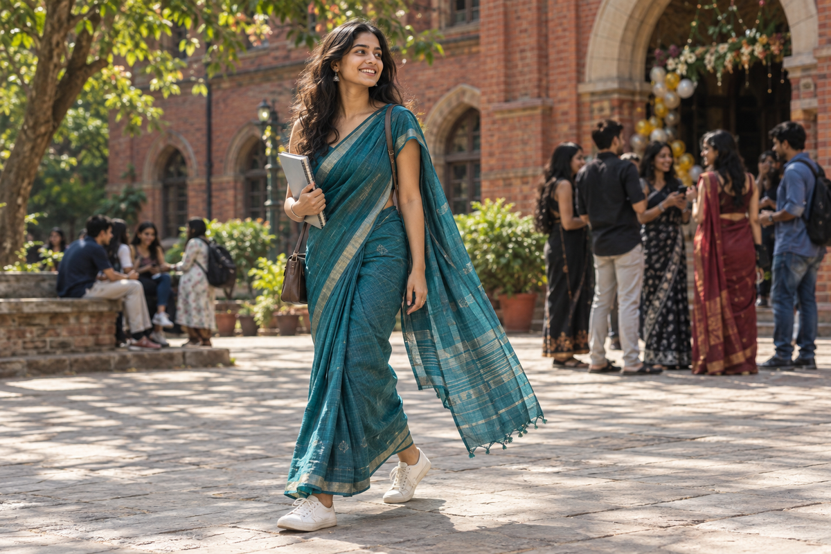 Woman wearing a teal saree with ivory sneakers walking through a sunlit college courtyard.