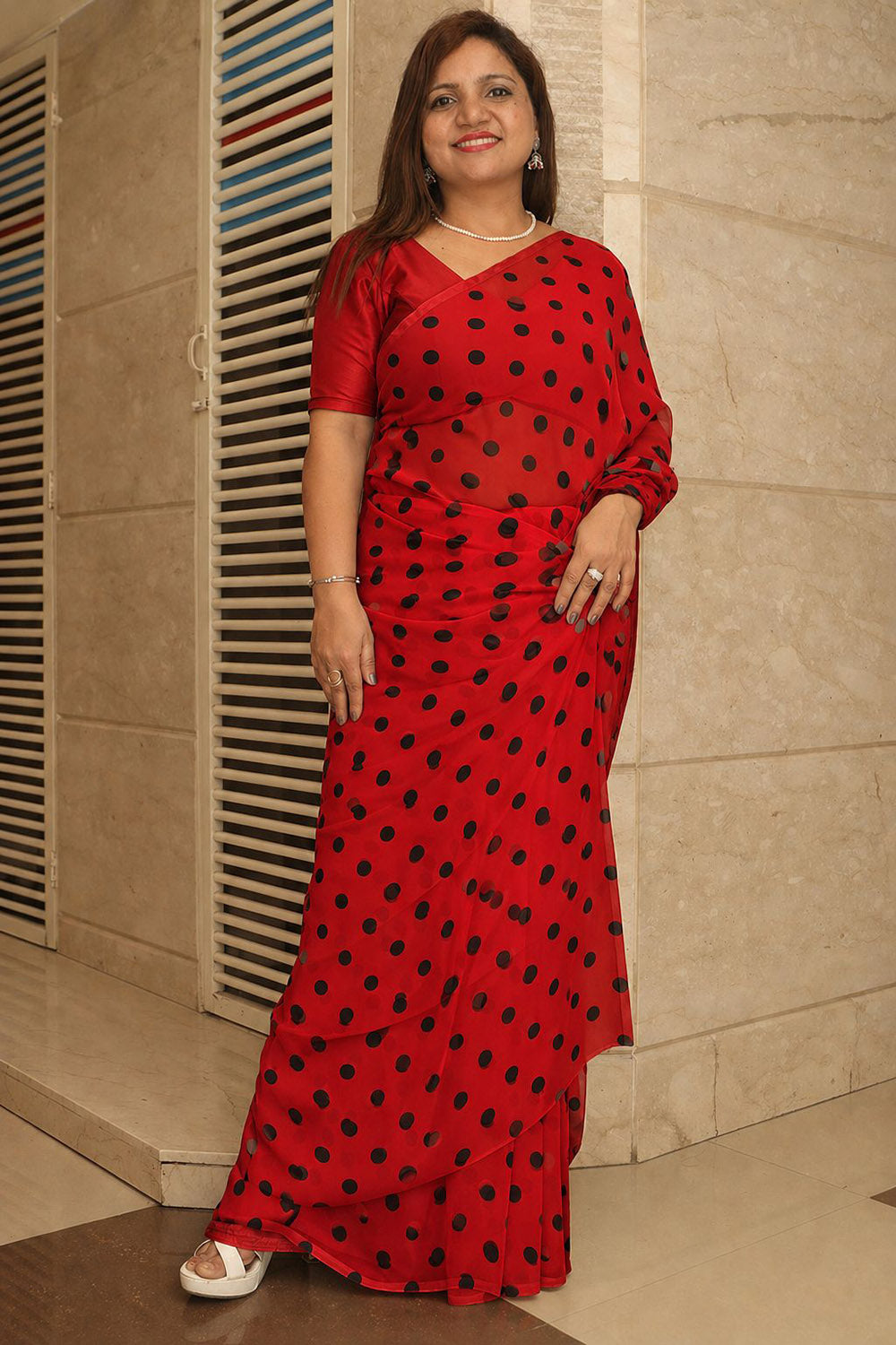 Red Black Georgette Polka Dot Saree with Silk Blouse Office Casual Wear