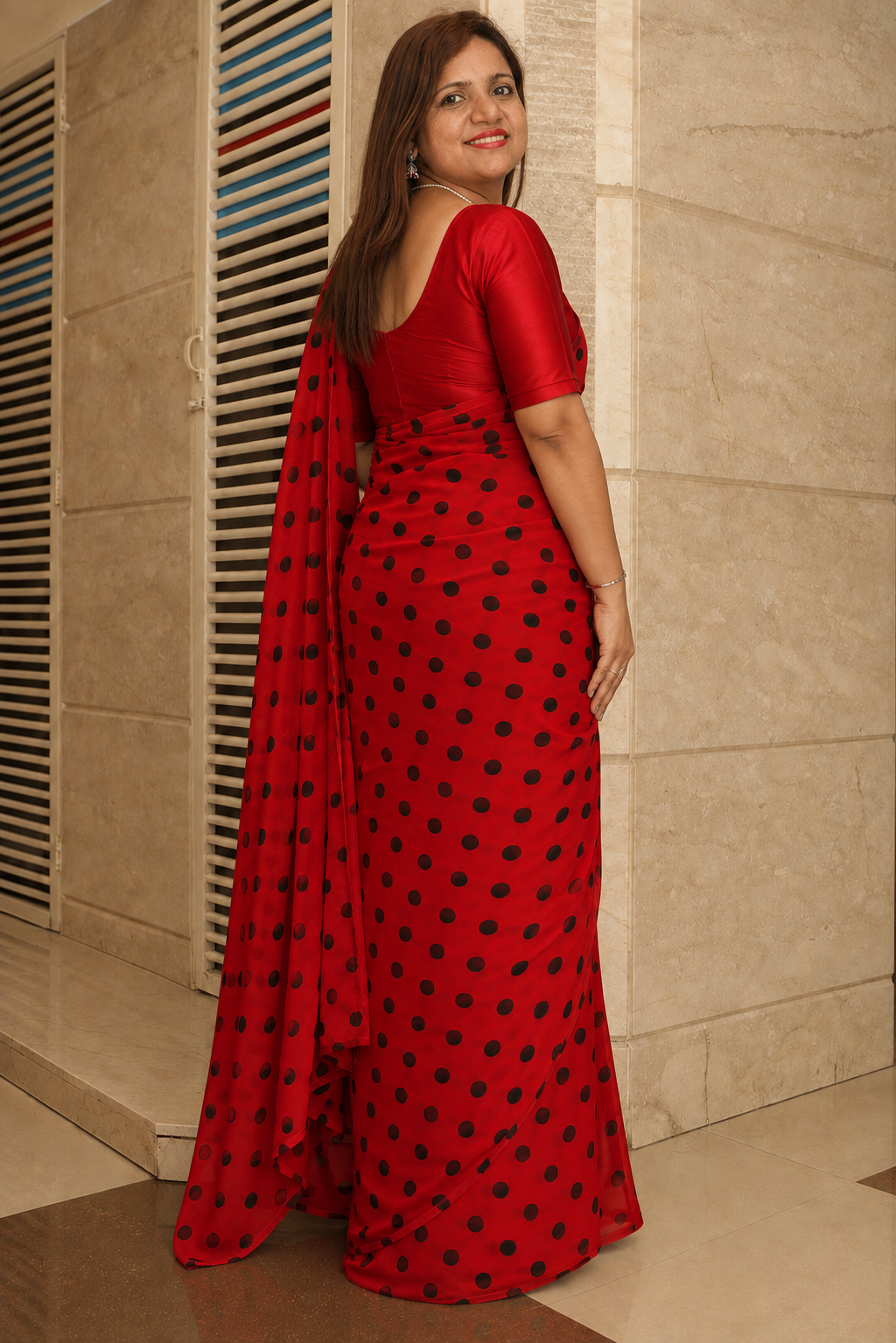 Red Black Georgette Polka Dot Saree with Silk Blouse Office Casual Wear
