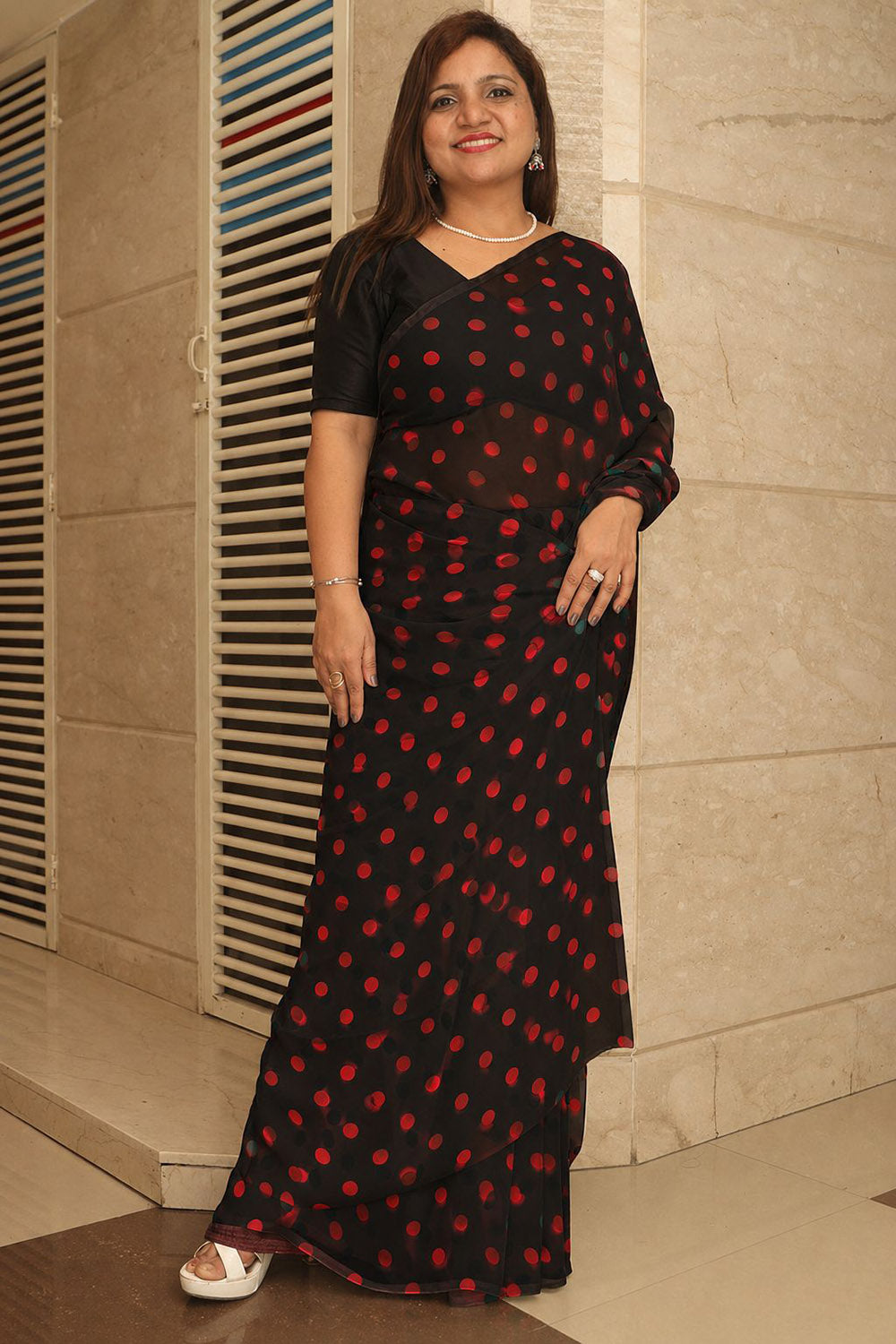 Black Red Georgette Polka Dot Saree with Silk Blouse Office Casual Wear