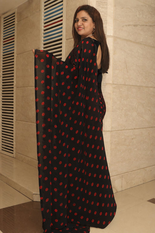 Black Red Georgette Polka Dot Saree with Silk Blouse Office Casual Wear