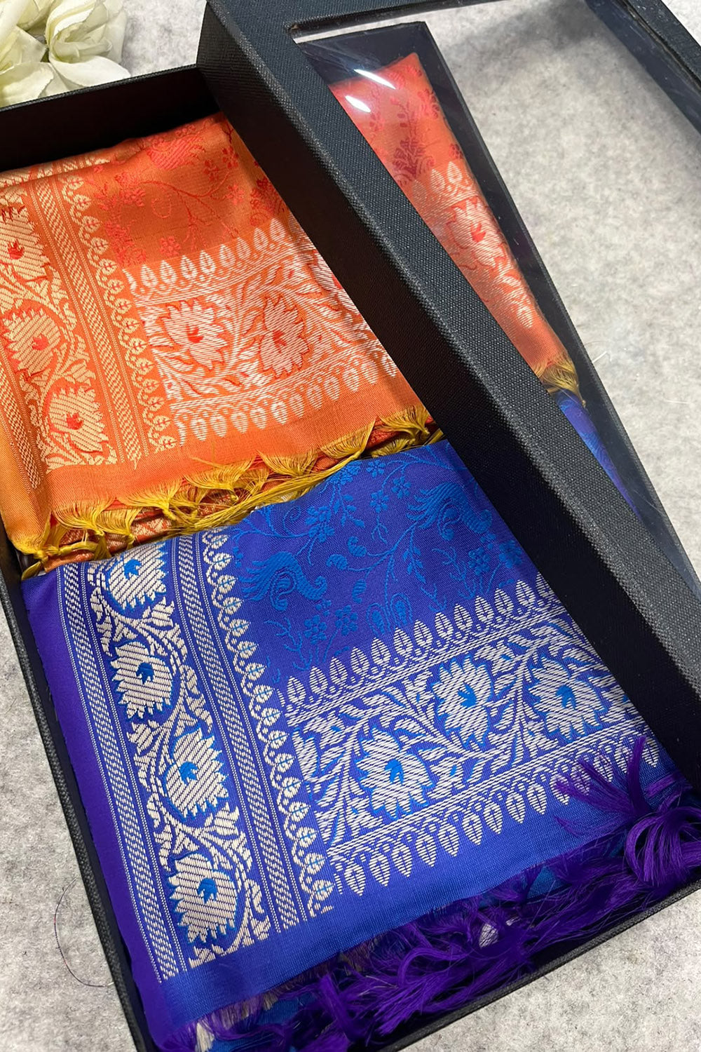 Gift Box of Pashmina Design Orange And Blue Banarasi Silk Stole with traditional integrate design – Pack of 2