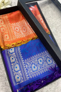 Gift Box of Pashmina Design Orange And Blue Banarasi Silk Stole with traditional integrate design – Pack of 2