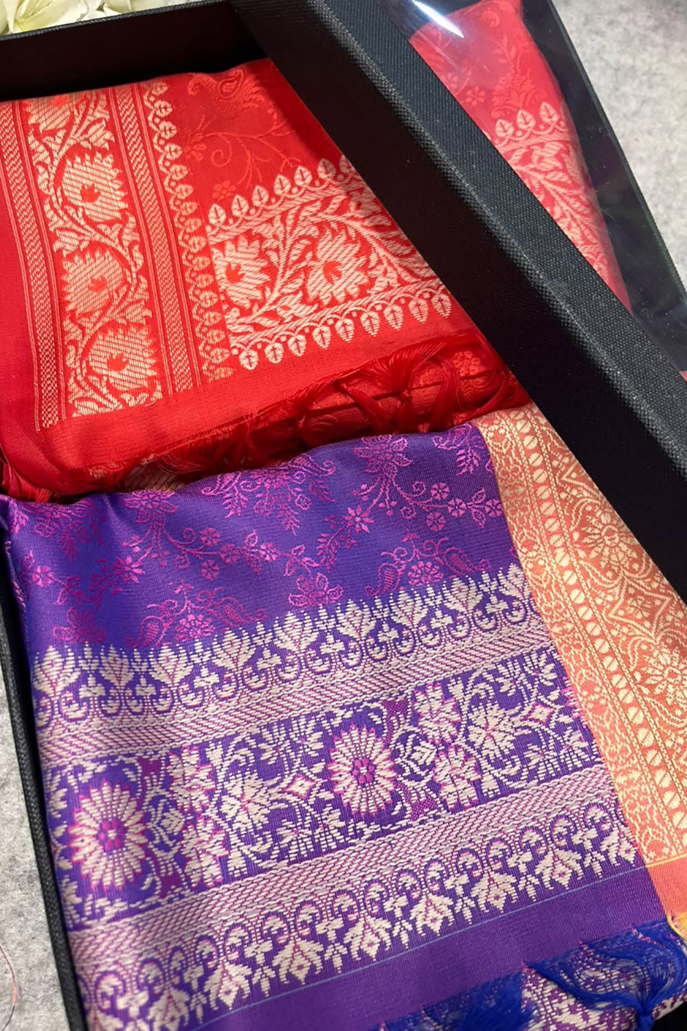 Gift Box of Pashmina Design Red And Purple Banarasi Silk Stole with traditional integrate design – Pack of 2