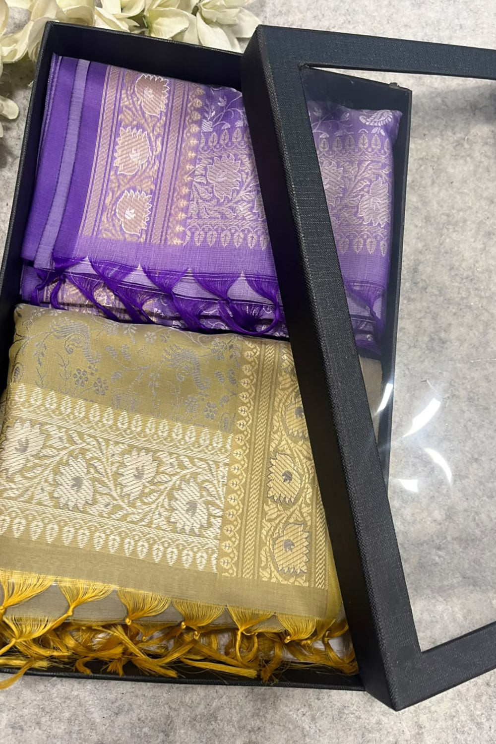Gift Box of Pashmina Design Pastel And Lavender Banarasi Silk Stole with traditional integrate design – Pack of 2