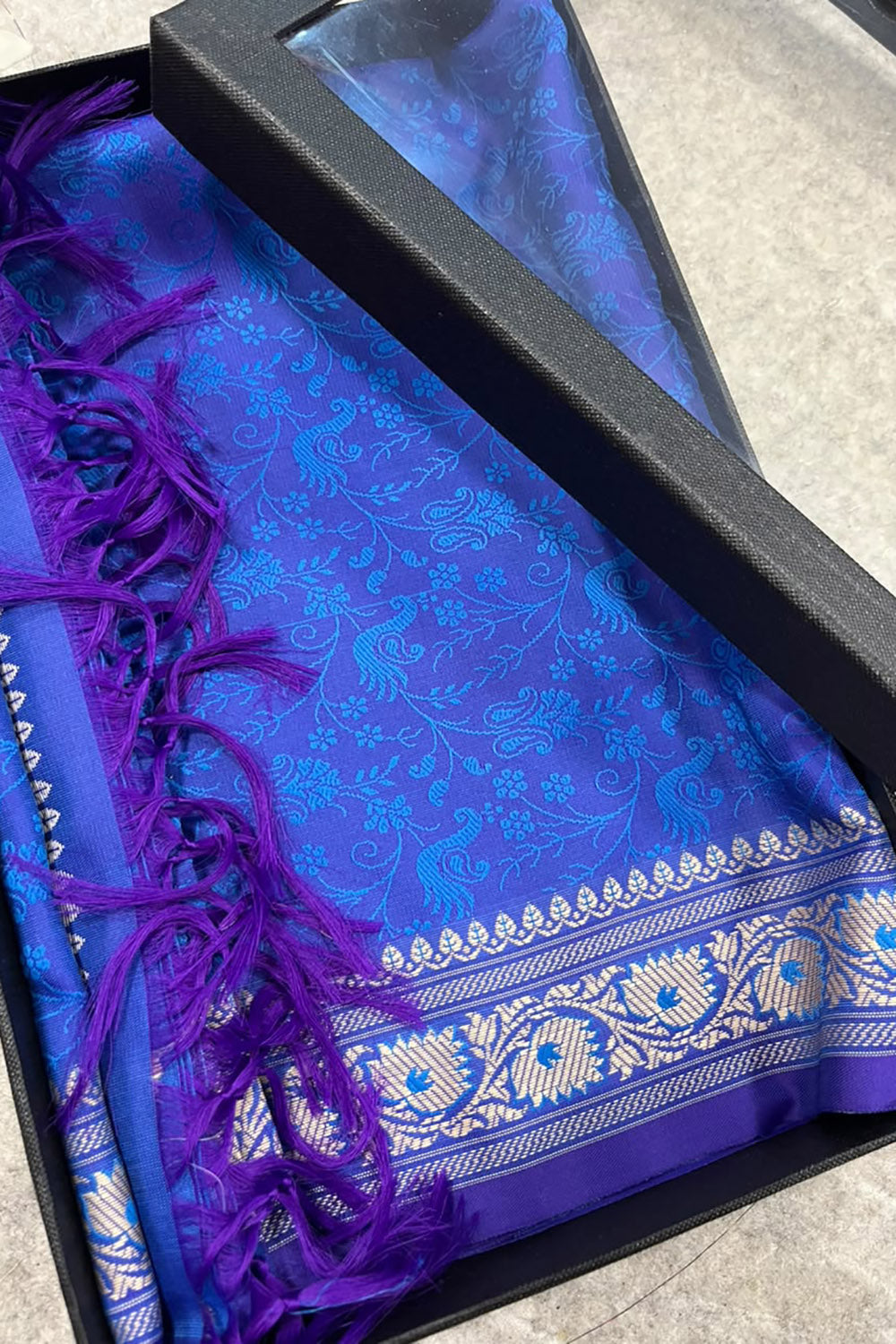 Gift Box of Pashmina Design Blue Banarasi Silk Stole with traditional integrate design – Pack of 1