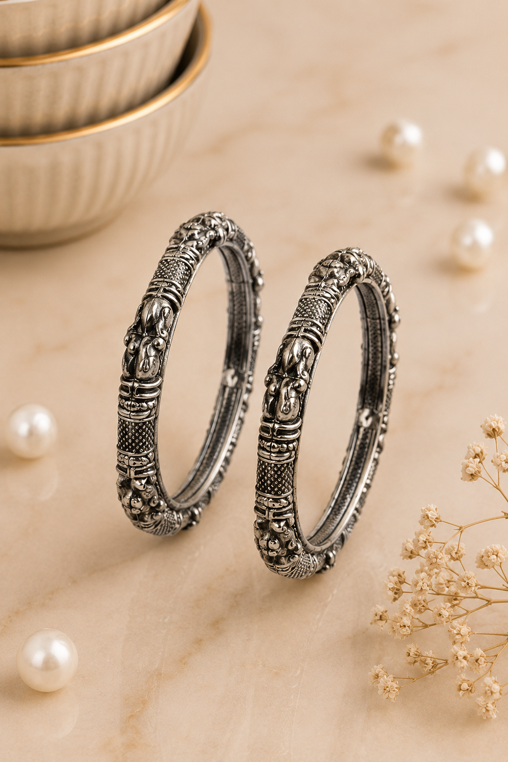 Antique Silver Temple Design Kada (Set of 2)