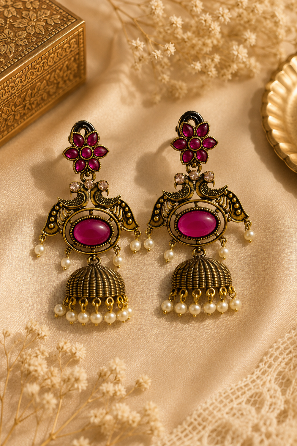 Pearl Stone Peacock Jhumka Earrings – Available in 8 Colors