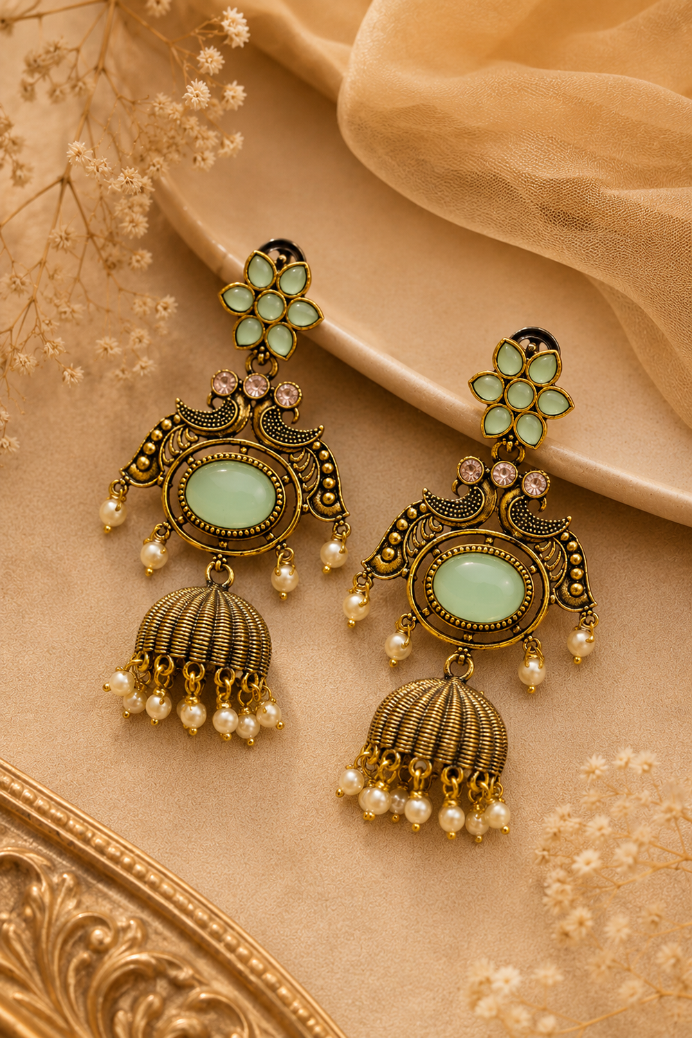 Pearl Stone Peacock Jhumka Earrings – Available in 8 Colors