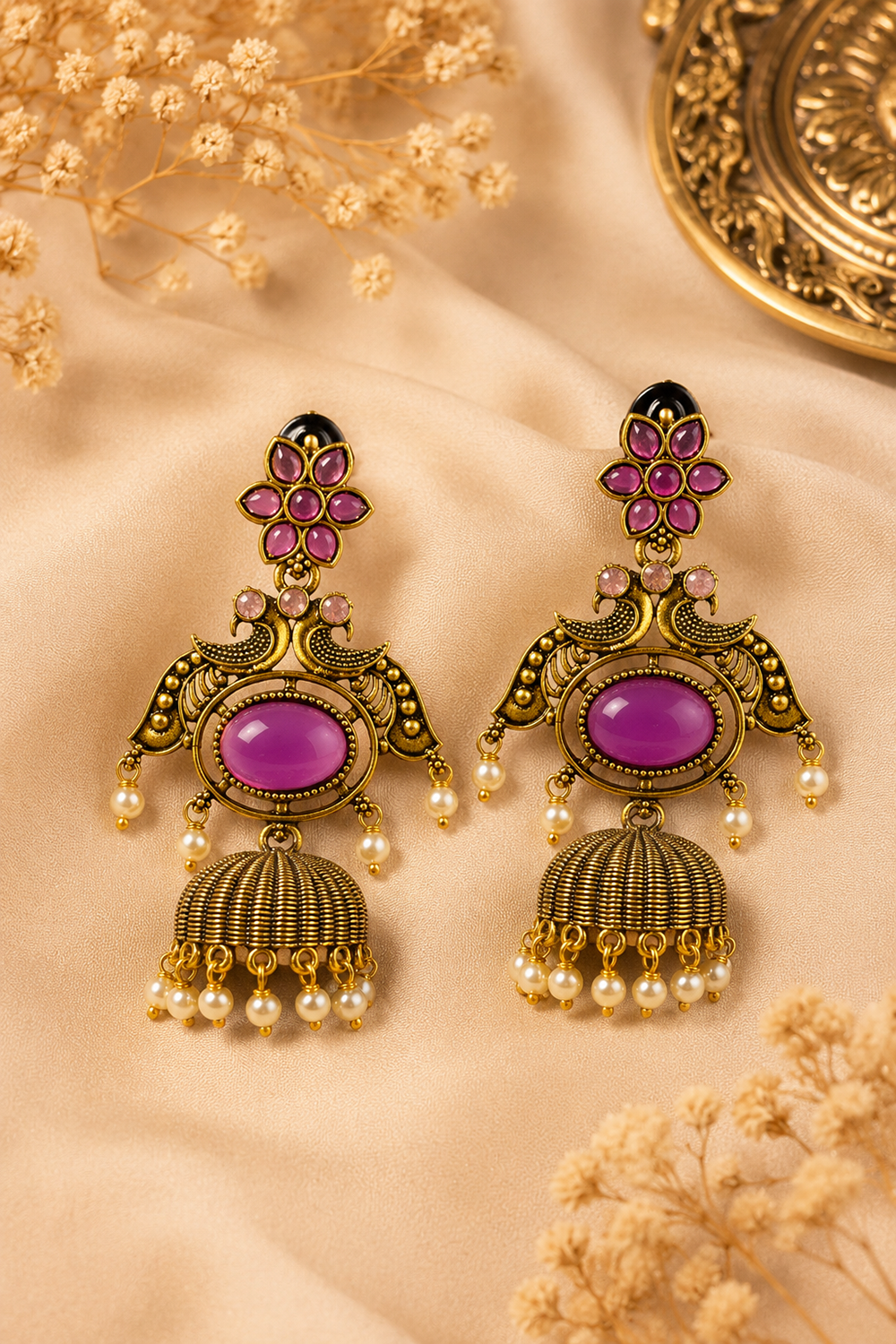 Pearl Stone Peacock Jhumka Earrings – Available in 8 Colors