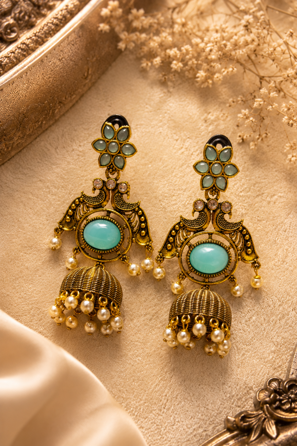 Pearl Stone Peacock Jhumka Earrings – Available in 8 Colors