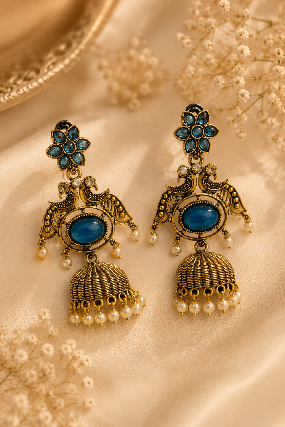 Pearl Stone Peacock Jhumka Earrings – Available in 8 Colors