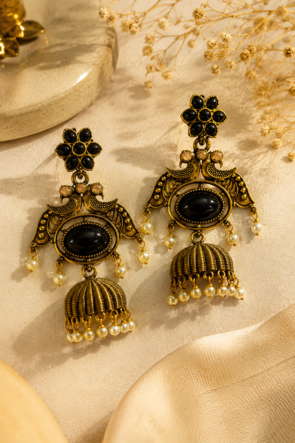 Pearl Stone Peacock Jhumka Earrings – Available in 8 Colors