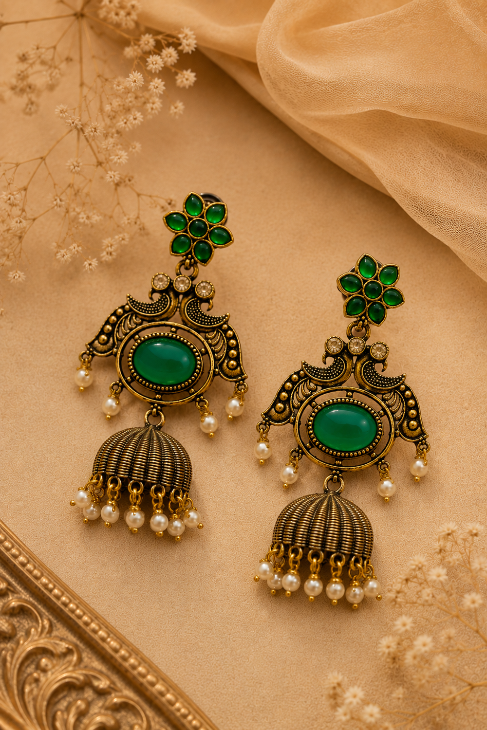 Pearl Stone Peacock Jhumka Earrings – Available in 8 Colors