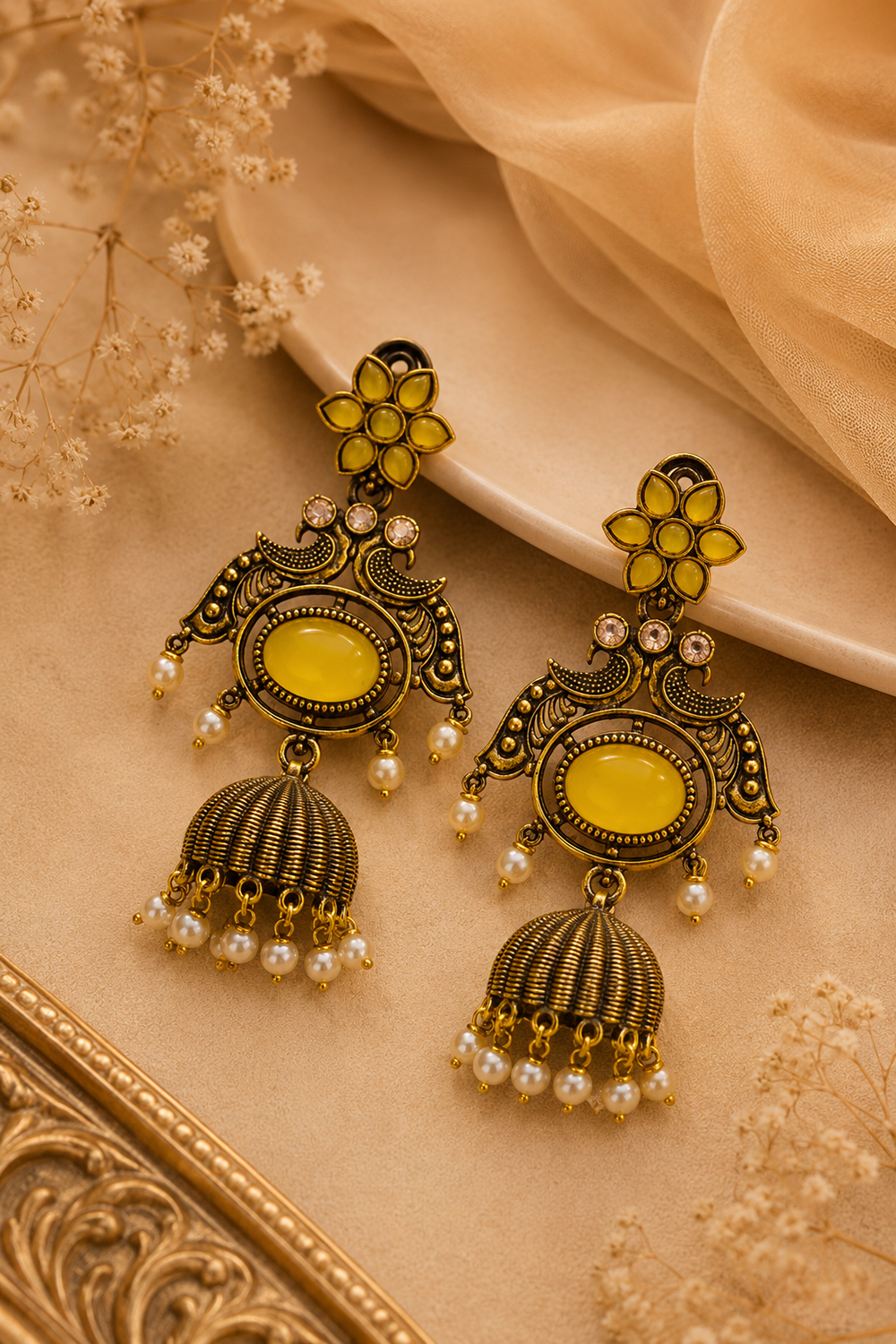Pearl Stone Peacock Jhumka Earrings – Available in 8 Colors