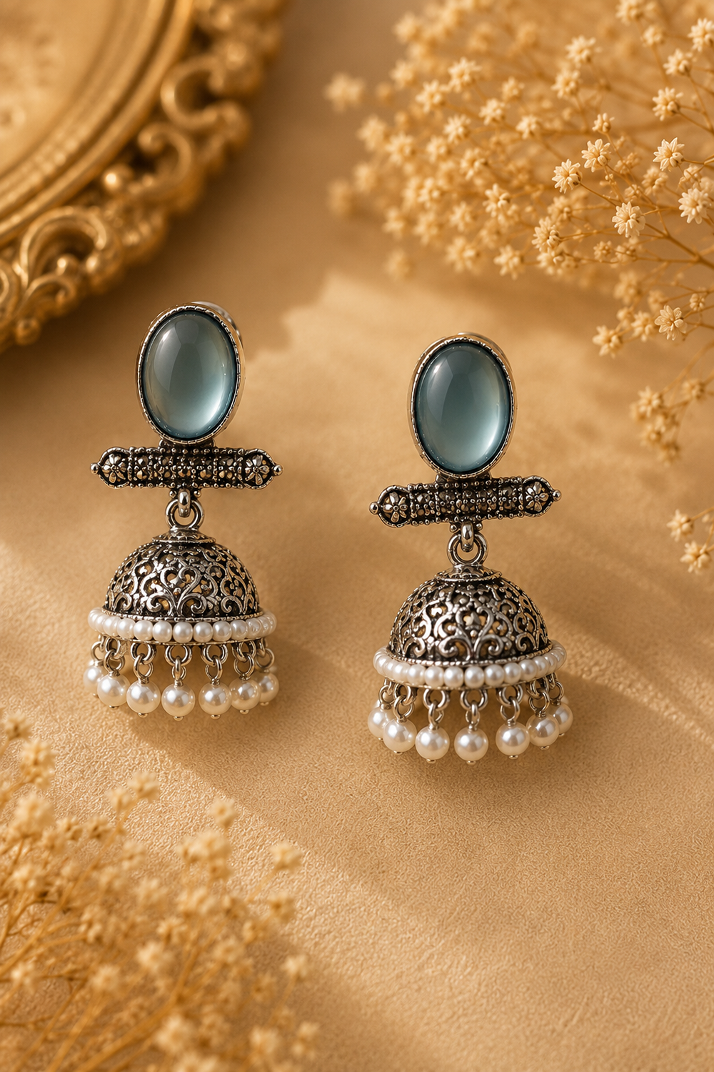 Celeste Oxidized Silver Pearl Jhumka Earrings – Available in 12 Colors